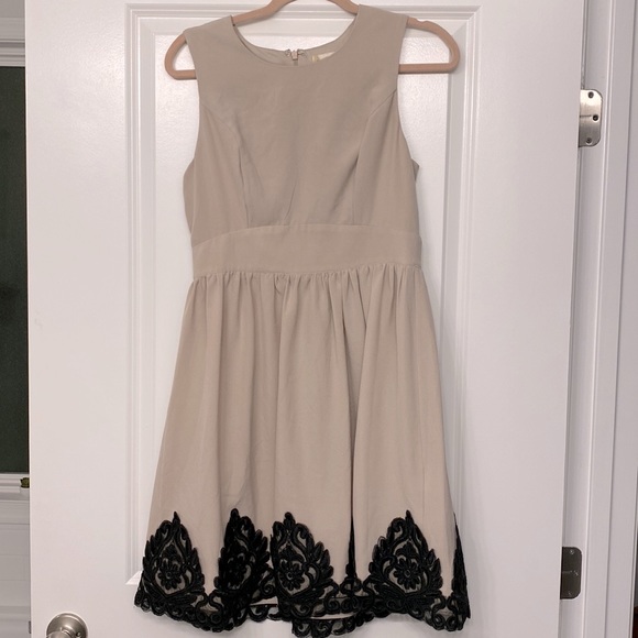 Altar’d State Beige Fit and Flare Dress with Black Lace Appliqué - Picture 3 of 5